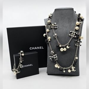 Chanel 2011 Cruise Pearl/Bow Gingham Necklace & Bracelet SET
